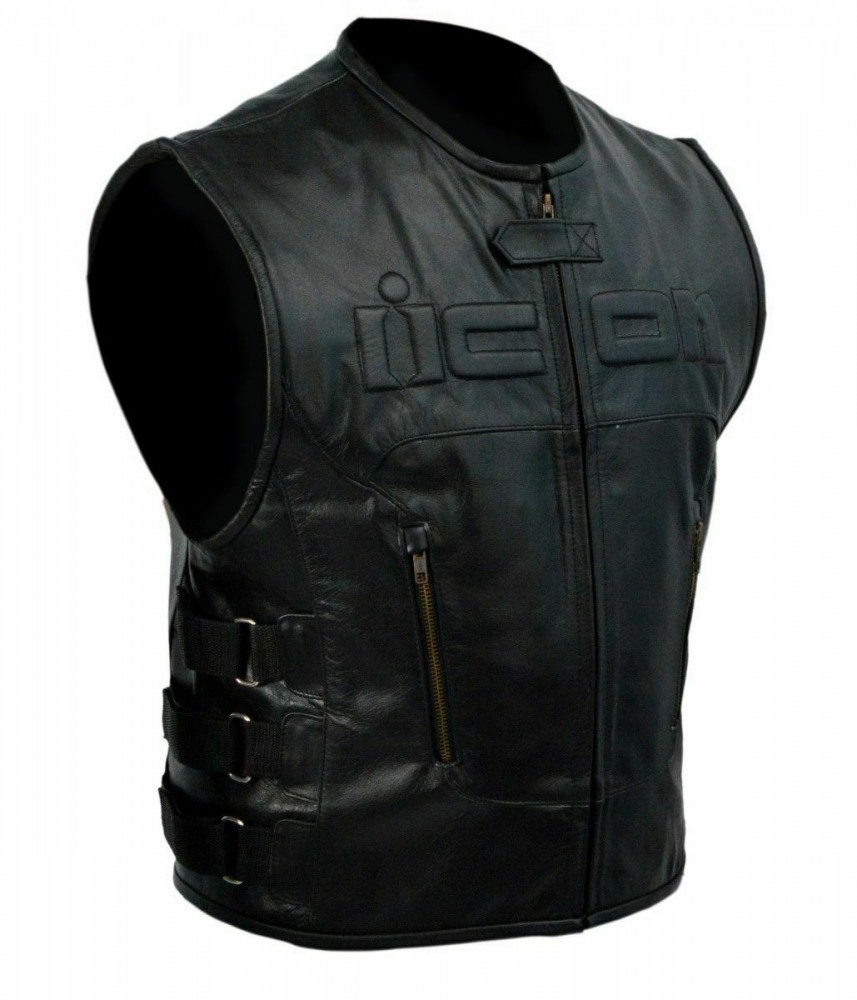 Men's Skull Icon Black Leather Motorcycle Vest - JacketsbyT