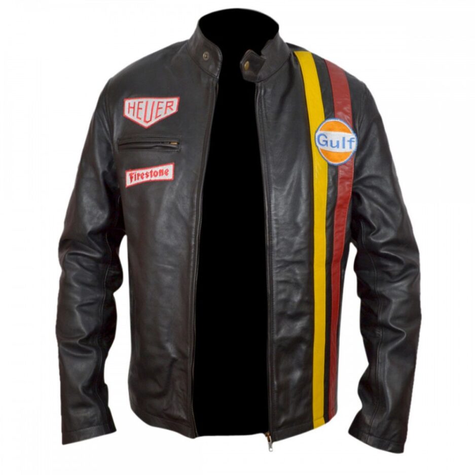 Men's Steve McQueen Le Mans Gulf Racing Brown Leather Jacket - JacketsbyT