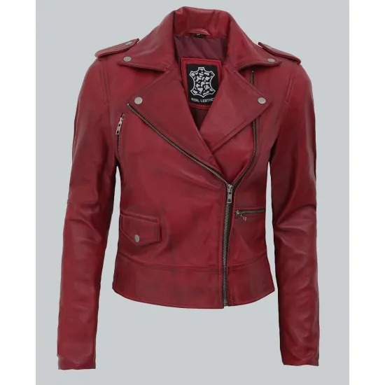 Amber Women's Moto Maroon Asymmetrical Leather Jacket - JacketsbyT