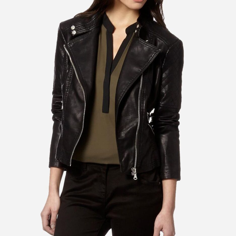 WOMENS ASTER BLACK LEATHER BIKER JACKET