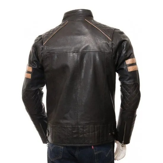 Men's Cafe Racer Striped Leather Biker Jacket - JacketsbyT