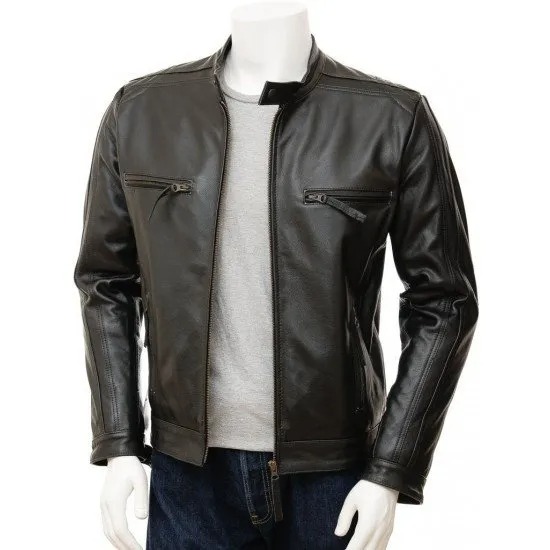 Men's Cafe Racer Tab Collar Leather Biker Jacket - JacketsbyT