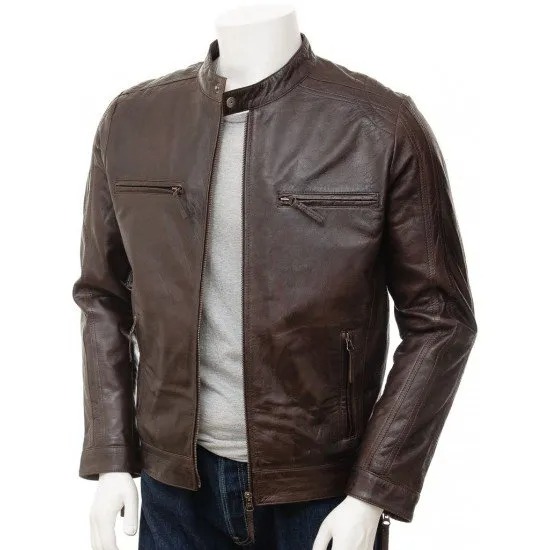 Men's Cafe Racer Tab Collar Leather Biker Jacket - JacketsbyT