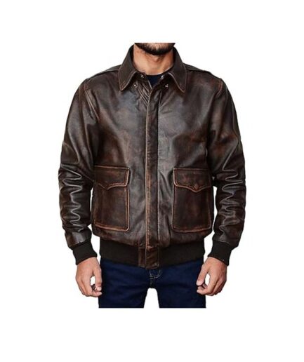 Unlock Power and Style: A-2 Flight Coffee Leather Bomber Jacket" - Alt text: "A-2 Flight Coffee Leather Bomber Jacket showcased on a mannequin
