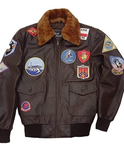 A-2 Genuine Cowhide Leather T Maverick Cruise Pilot Flight Bomber Real Leather Jacket showcased on a mannequin.
