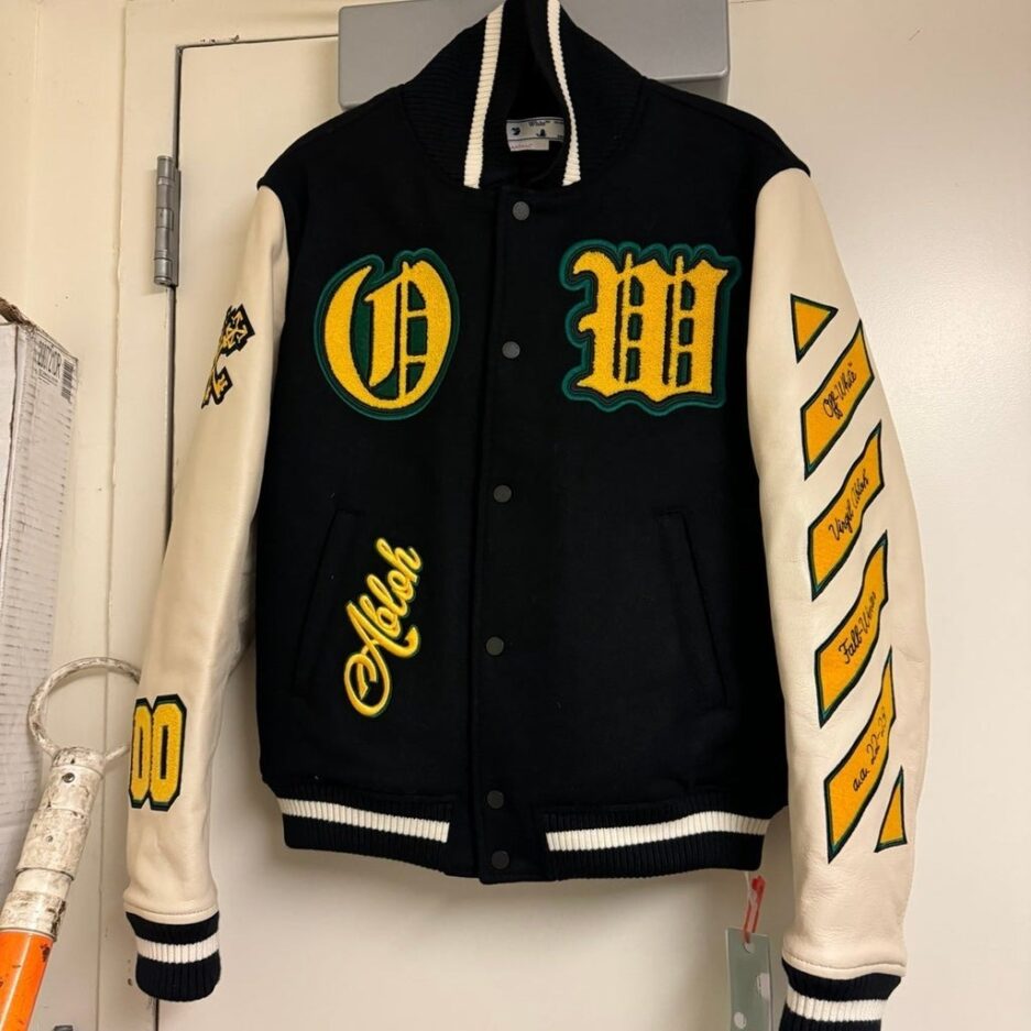 Black-Stretch Wool Blend-Off-White- Leather-Varsity-Jacket-bomber
