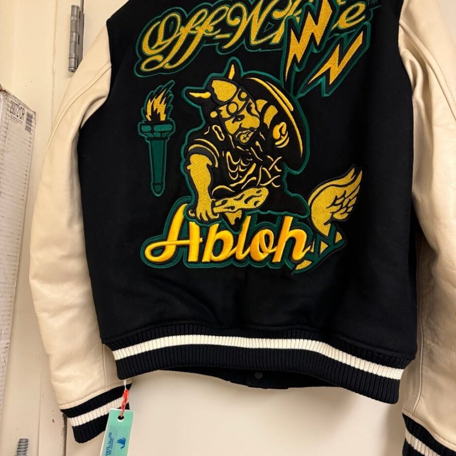 Black-Stretch Wool Blend-Off-White- Leather-Varsity-Jacket-bomber