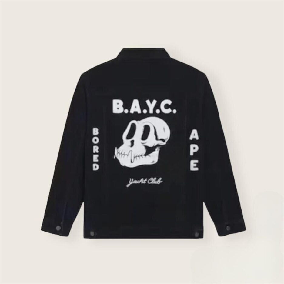Bored Ape Yacht Club Clubhouse Denim Jacket showcased on a mannequin.