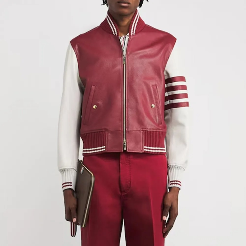 Alton Mason Burgundy and White Varsity Leather Jacket