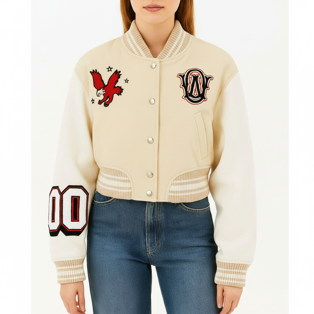 Rita Ora Elvis Duran Show Varsity Jacket - Cream Wool & Leather