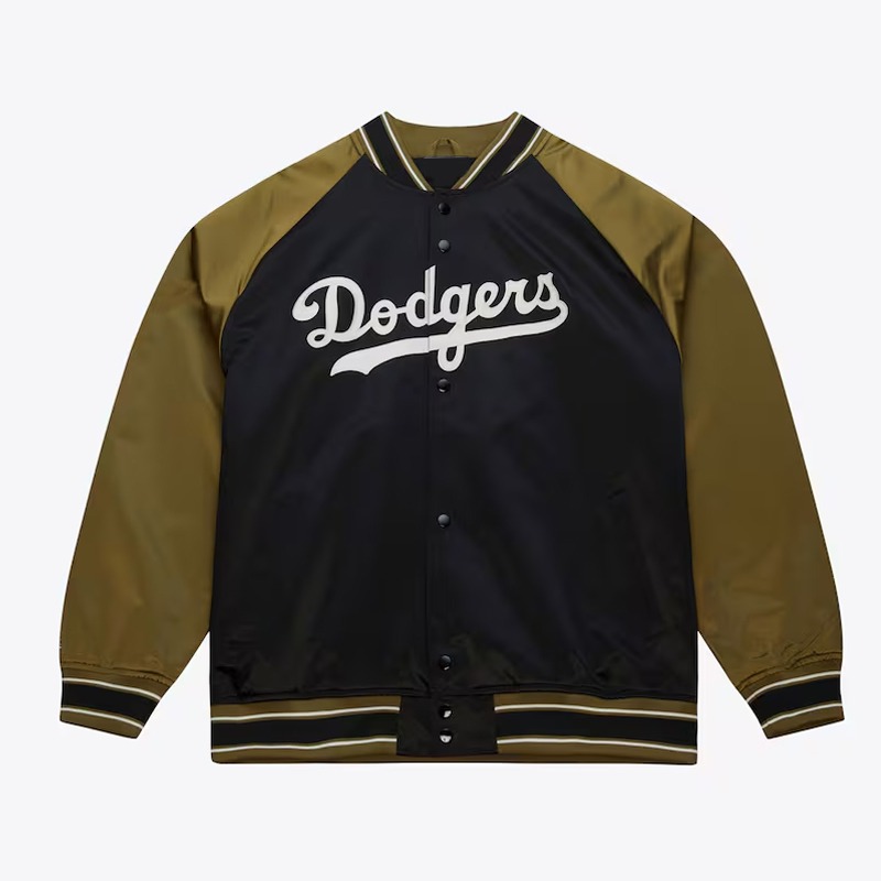 LA Dodgers Black Olive Double Clutch Satin Varsity Jacket