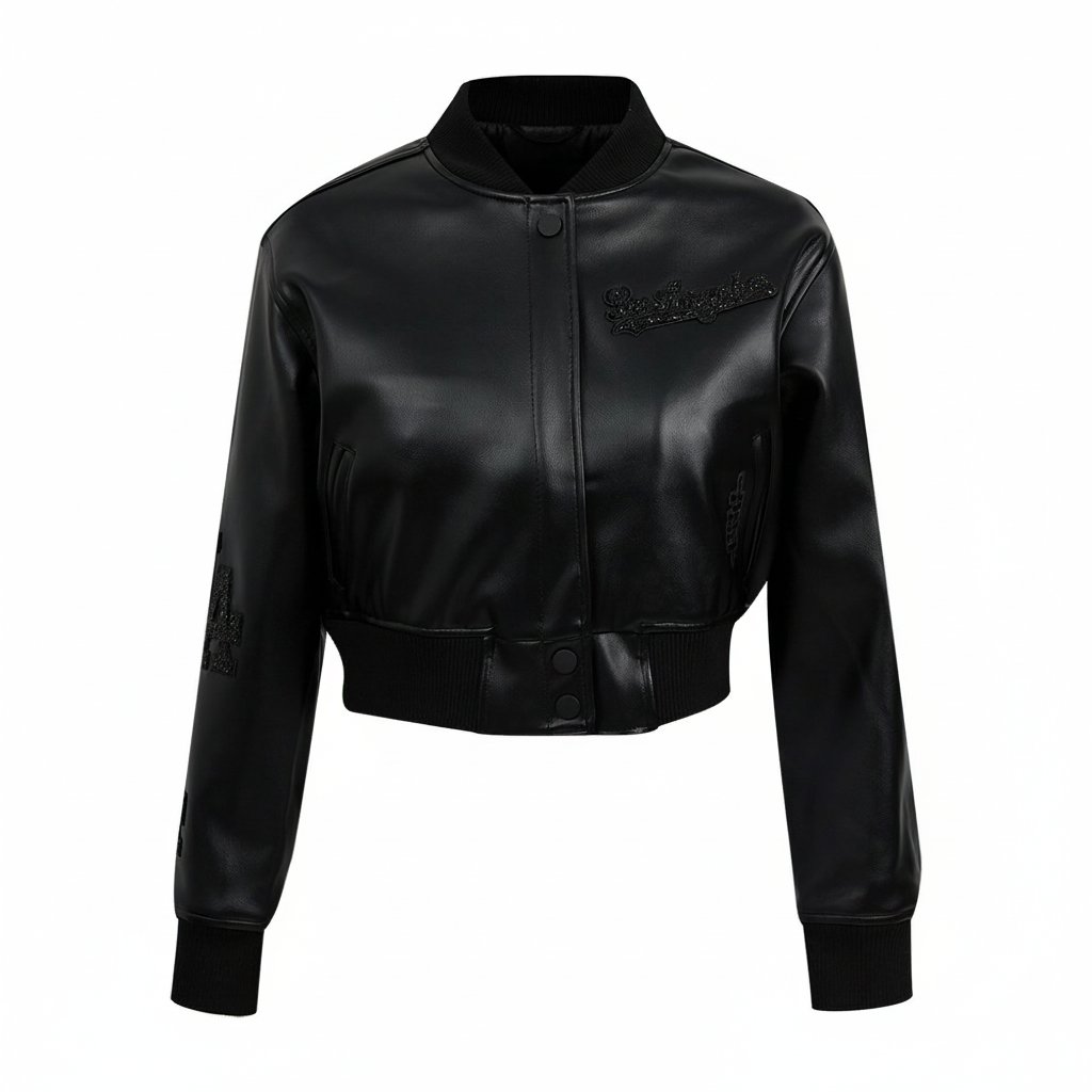 LA Dodgers Washed Crystalline Cropped Leather Varsity Jacket