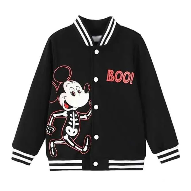 Black Mickey Mouse Skeleton Snap Varsity Jacket