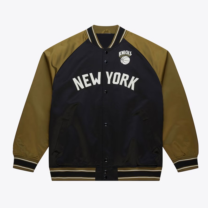 NY Knicks Black Olive Double Clutch Satin Varsity Jacket