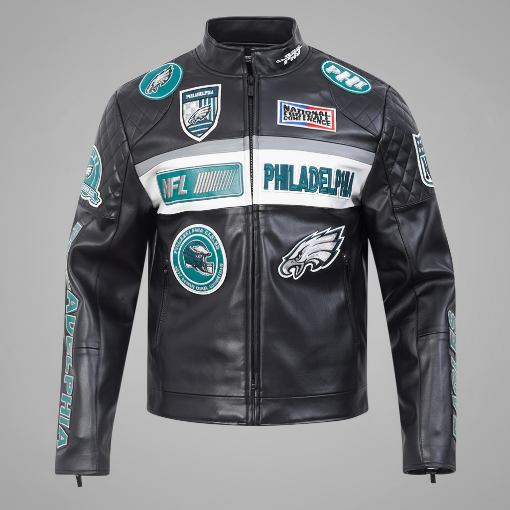 Philadelphia Eagles Black Leather Moto Racing Jacket