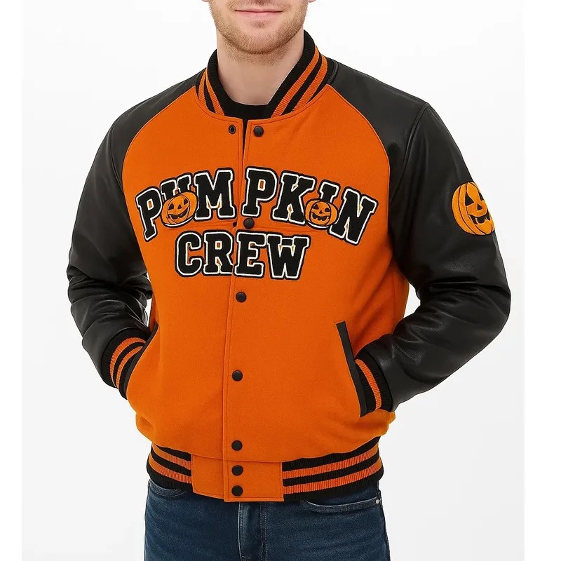 Halloween Pumpkin Crew Black and Orange Varsity Jacket