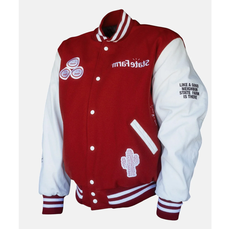 Travis Scott State Farm Burgundy and White Varsity Jacket