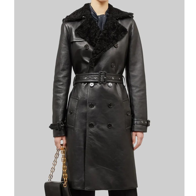 Cara Delevingne Fur Shawl Collar Black Leather Coat