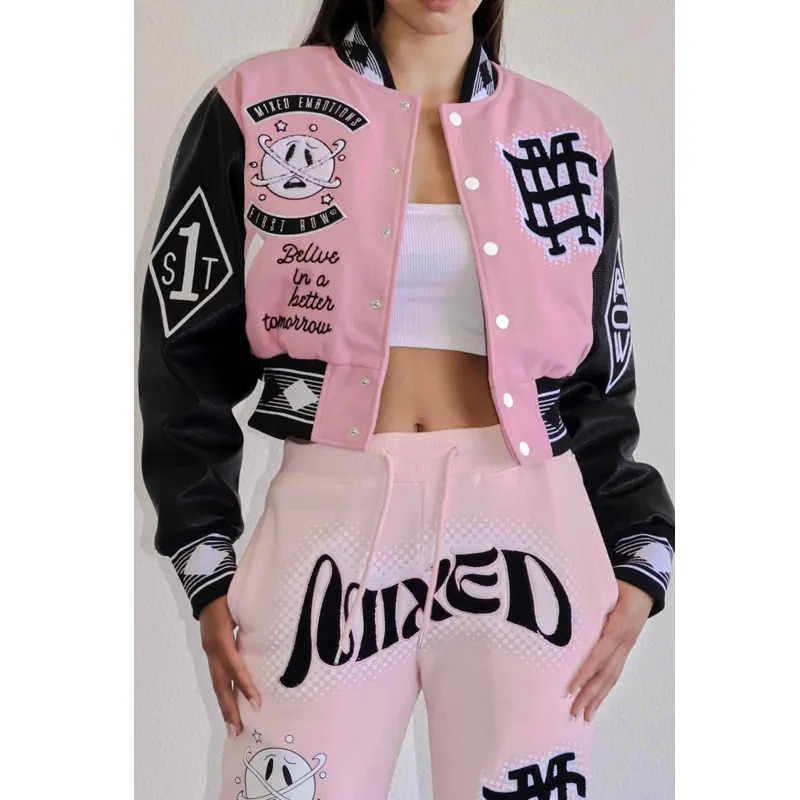 Pink Cropped Varsity Jacket - First Row Mixed Emotions