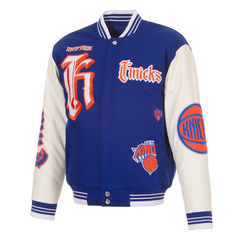 NY Knicks Gothic Varsity Wool/Leather Blue and White Jacket