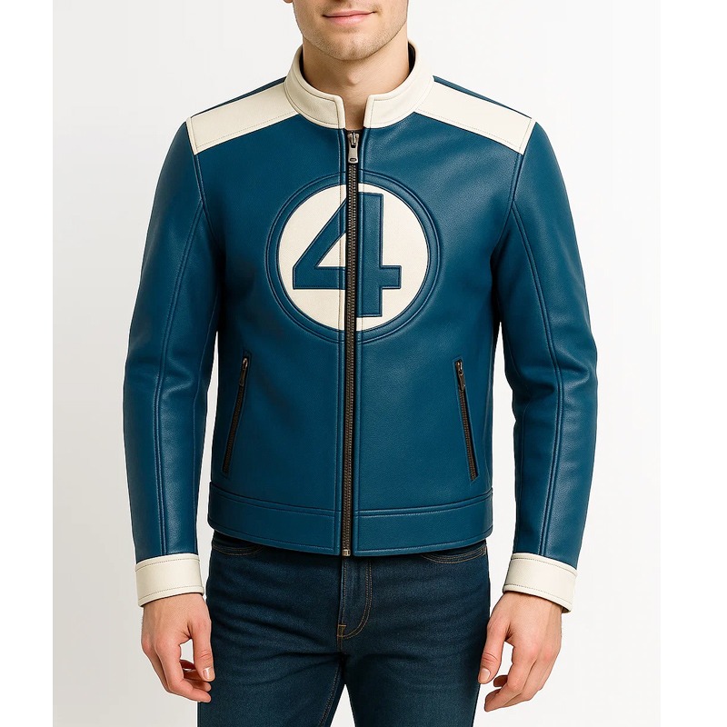 Mr Fantastic Blue Leather Bomber Jacket