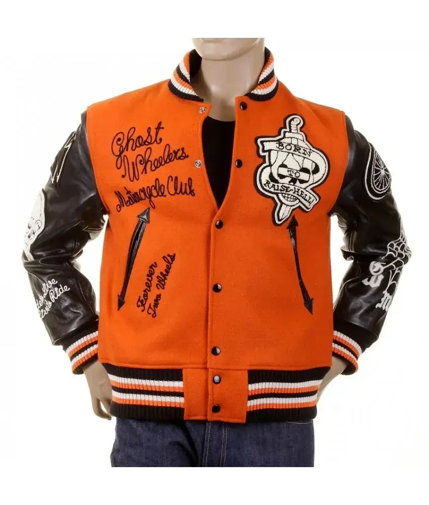 13166979342099A_900x900_crop_cen GHOST WHEELERS ORANGE LETTERMAN VARSITY JACKET