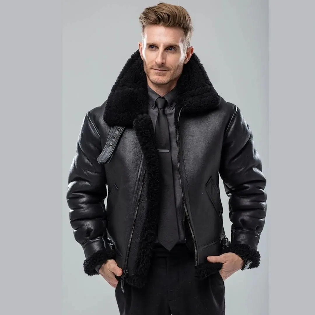 B-3 Black Sheepskin Leather Bomber Jacket