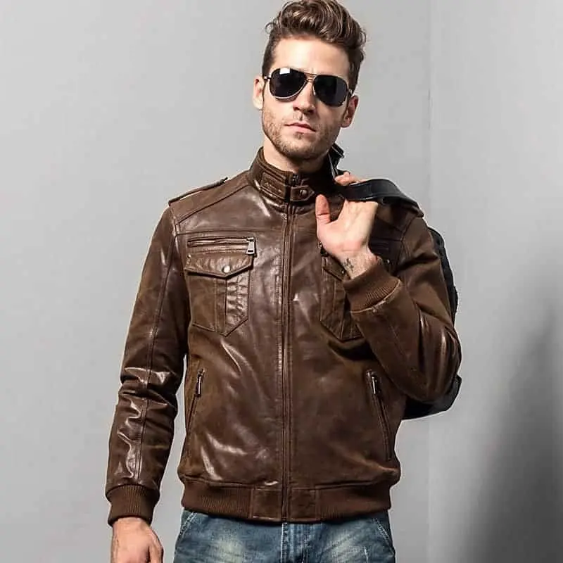 Men’s Rib Collar Brown Bomber Leather Jacket