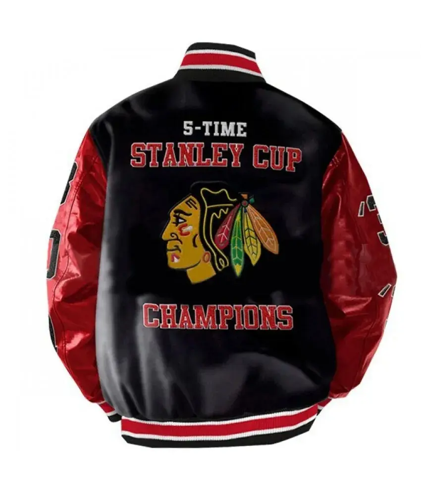 Stanley 1 Blackhawks Stanley Champions Leather Jacket by JacketsByT - Red and black leather jacket with erect knitted collar and buttons closure