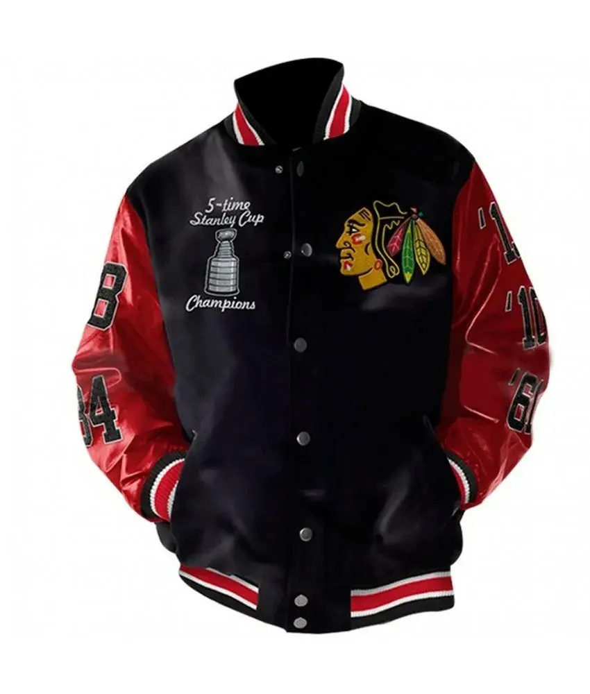 Stanley Blackhawks Stanley Champions Leather Jacket by JacketsByT - Red and black leather jacket with erect knitted collar and buttons closure