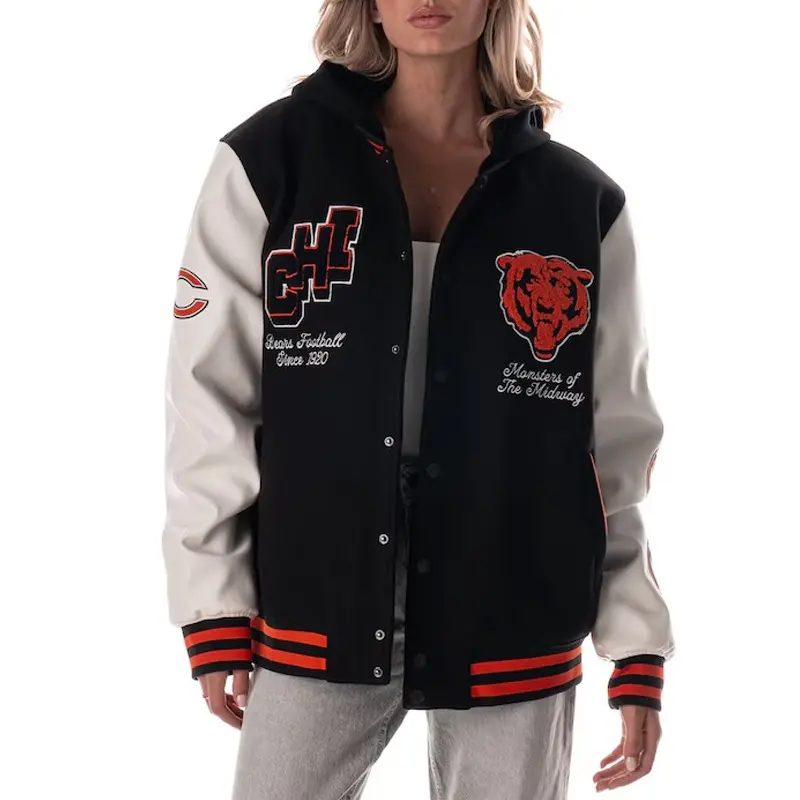 Chicago Bears Black and White Hooded Varsity Jacket