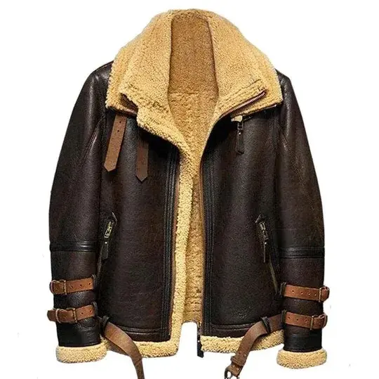 Men's Double Belted Cuffs Collar Genuine Leather Shearling Jacket