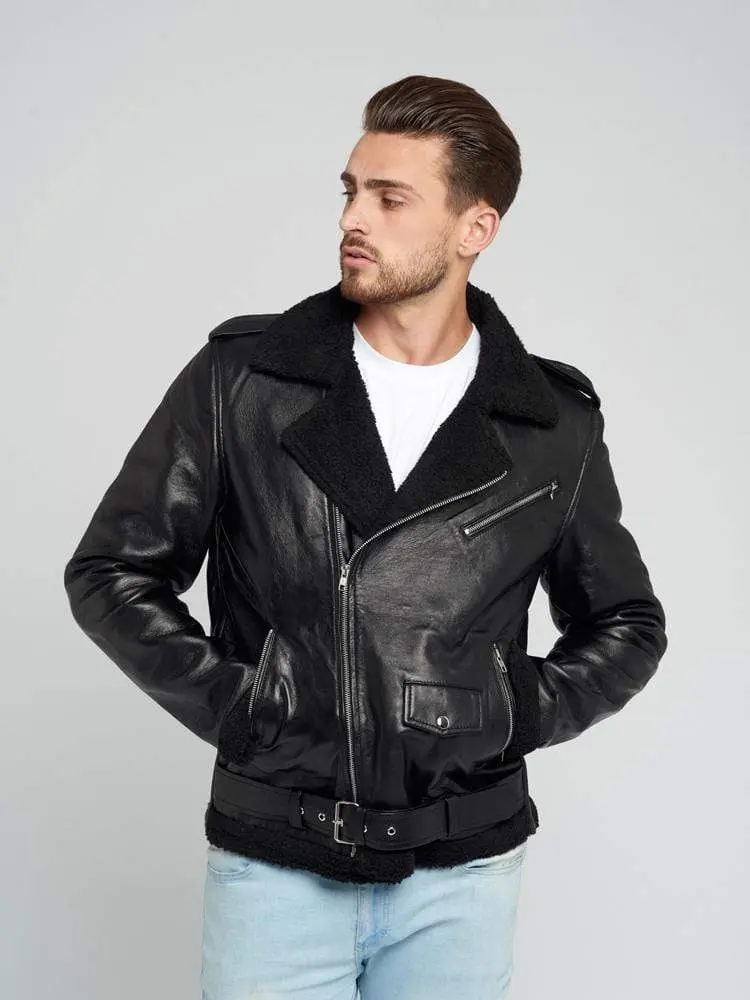 Men's Black Biker Style Shearling Leather Jacket
