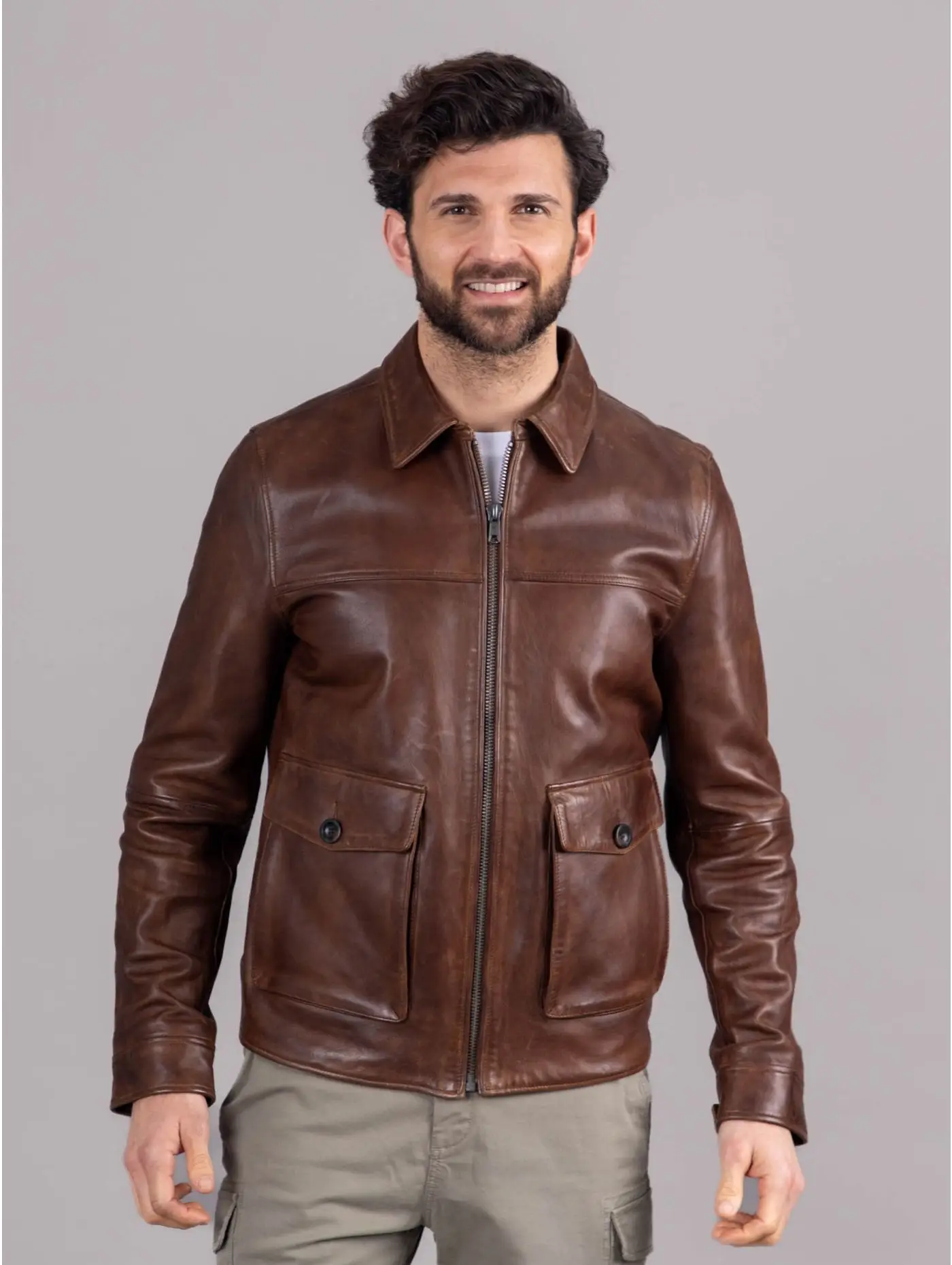Brown Bomber Style Leather Jacket