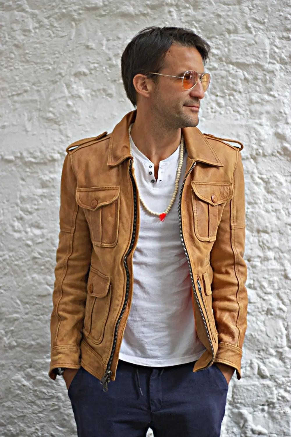 90's Vintage Style Tan Brown Leather Jacket