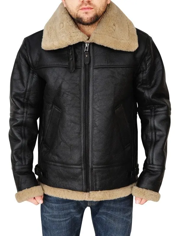 Men’s Shearling Aviator Black Bomber Leather Jacket