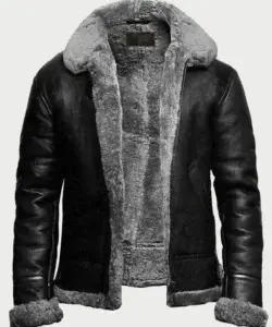 B3 Bomber Grey Fur Pilot Black Leather Jacket