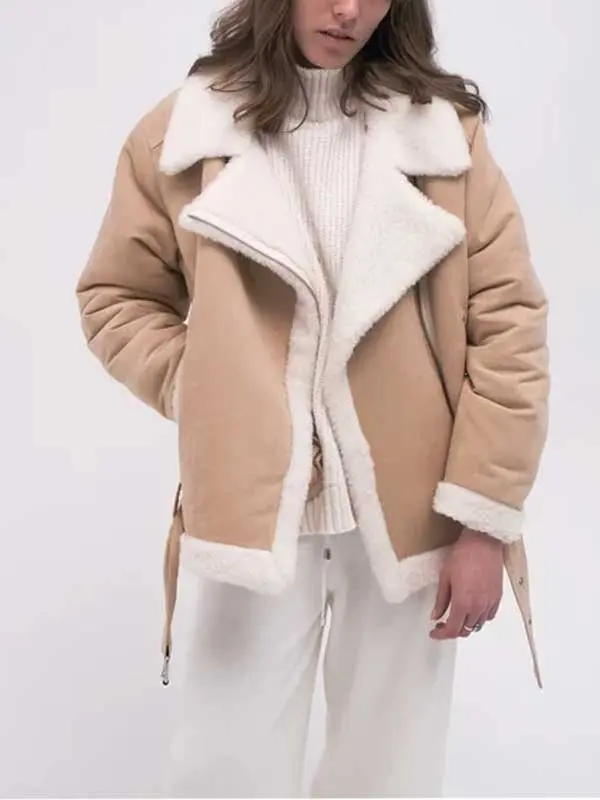 Women's Aviator Beige Shearling Cotton Jacket