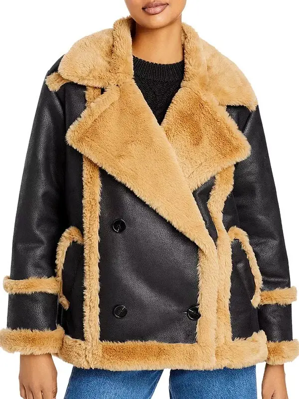women's Katherine Black Leather Shearling Double Breasted Jacket