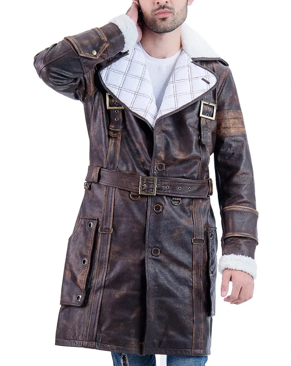 Battle Fallout 4 Arthur Maxson Sheepskin Leather Trench Coat