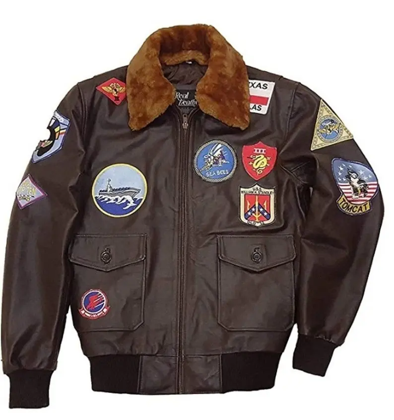 A-2 Genuine Cowhide Leather T Maverick Cruise Pilot Flight Bomber Real Leather Jacket showcased on a mannequin.