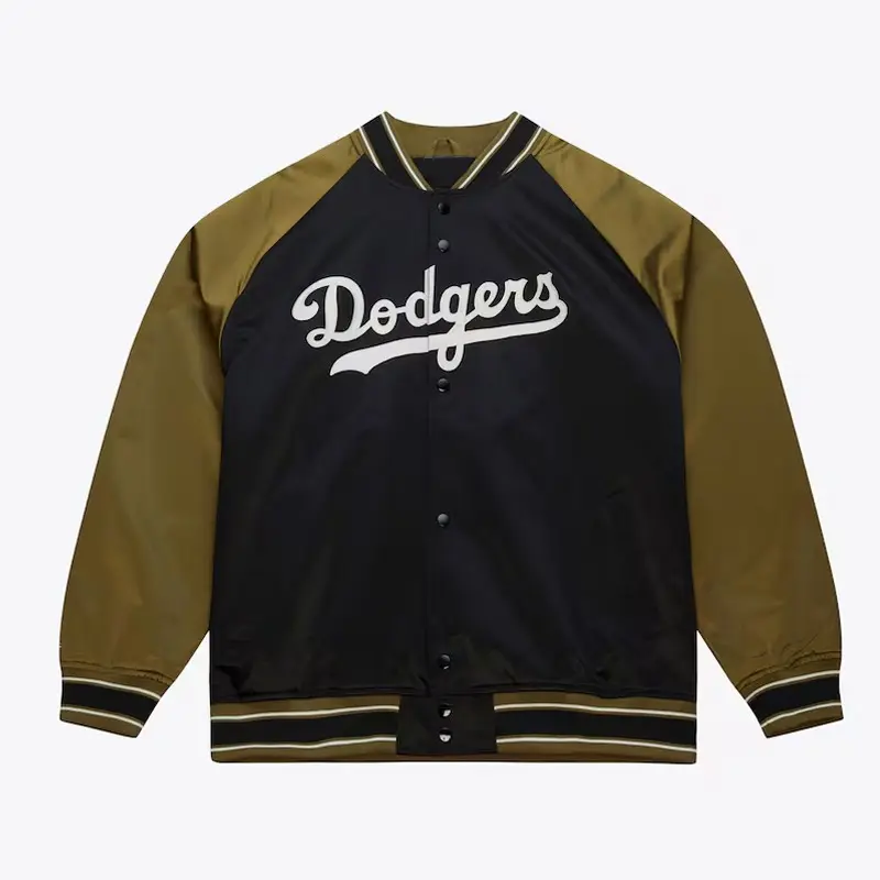 LA Dodgers Black Olive Double Clutch Satin Varsity Jacket