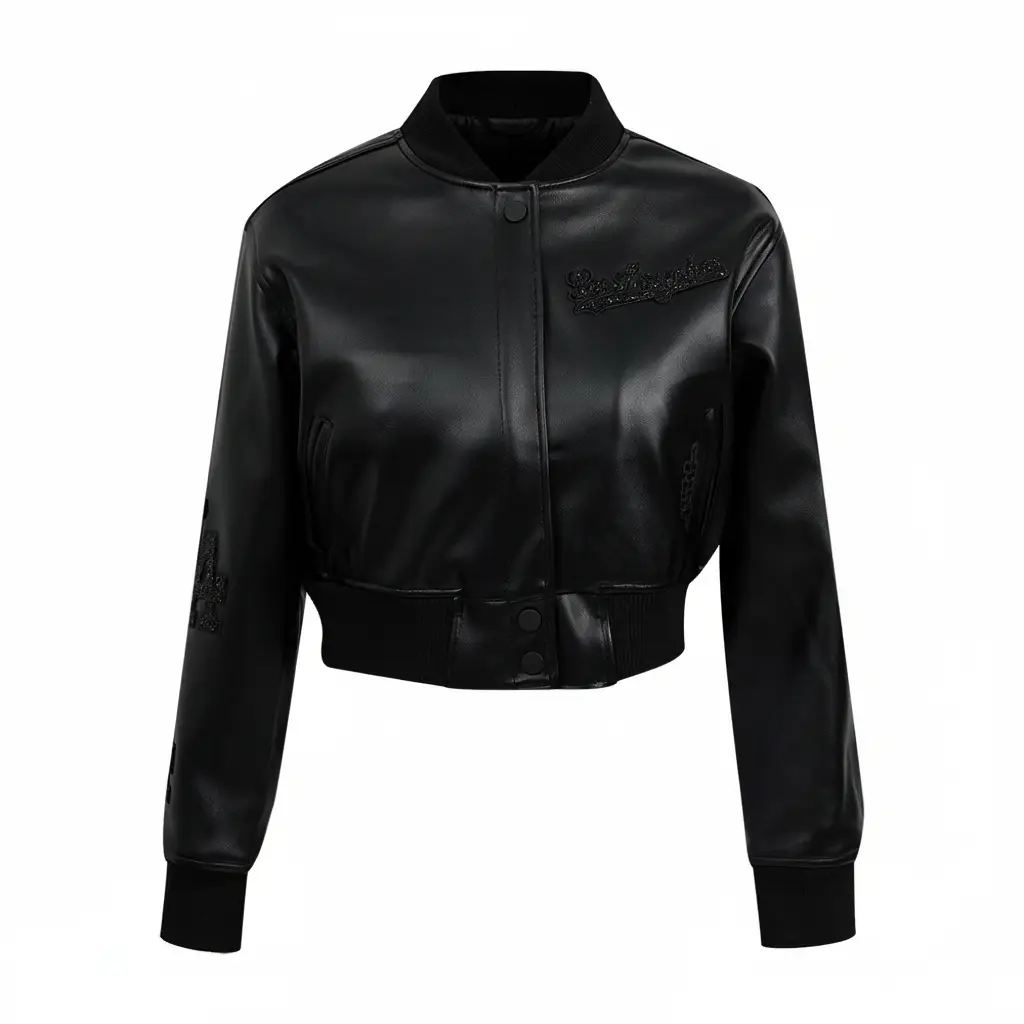 LA Dodgers Washed Crystalline Cropped Leather Varsity Jacket