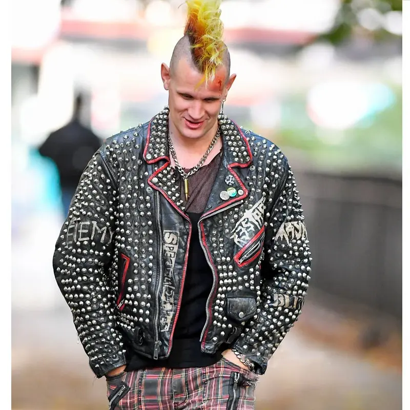 Matt Smith Caught Stealing Black Studded Leather Jacket Front