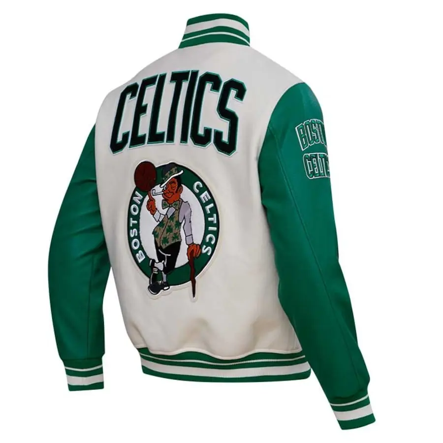 Celtics boston-Boston Celtics Pro Standard Cream Retro Classic Varsity jacket-varsity jacket-baseball jacket-bomber jacket