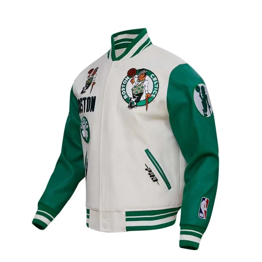 Celtics boston-Boston Celtics Pro Standard Cream Retro Classic Varsity jacket-varsity jacket-baseball jacket-bomber jacket