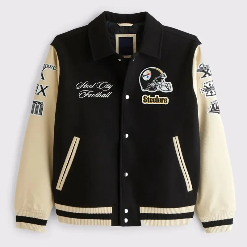 Pittsburgh Steelers Black and Eggshell Varsity Bomber Jacket