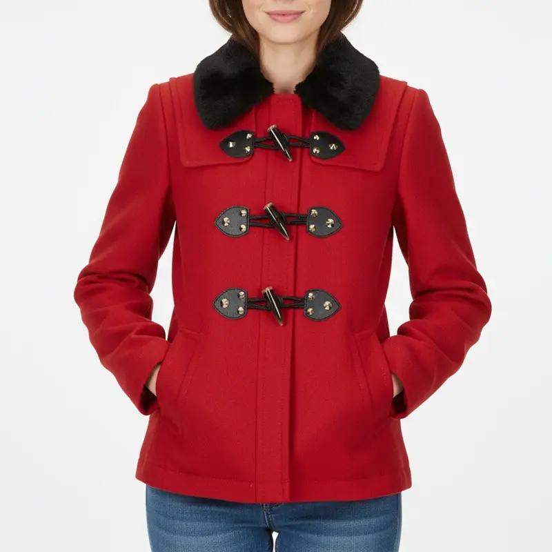 Women’s Red Wool Toggle Duffle Jacket with Fur Collar